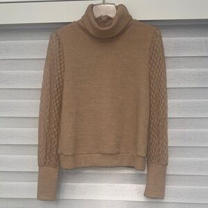 Tan Turtleneck Sweater with sheer lace like sleeves